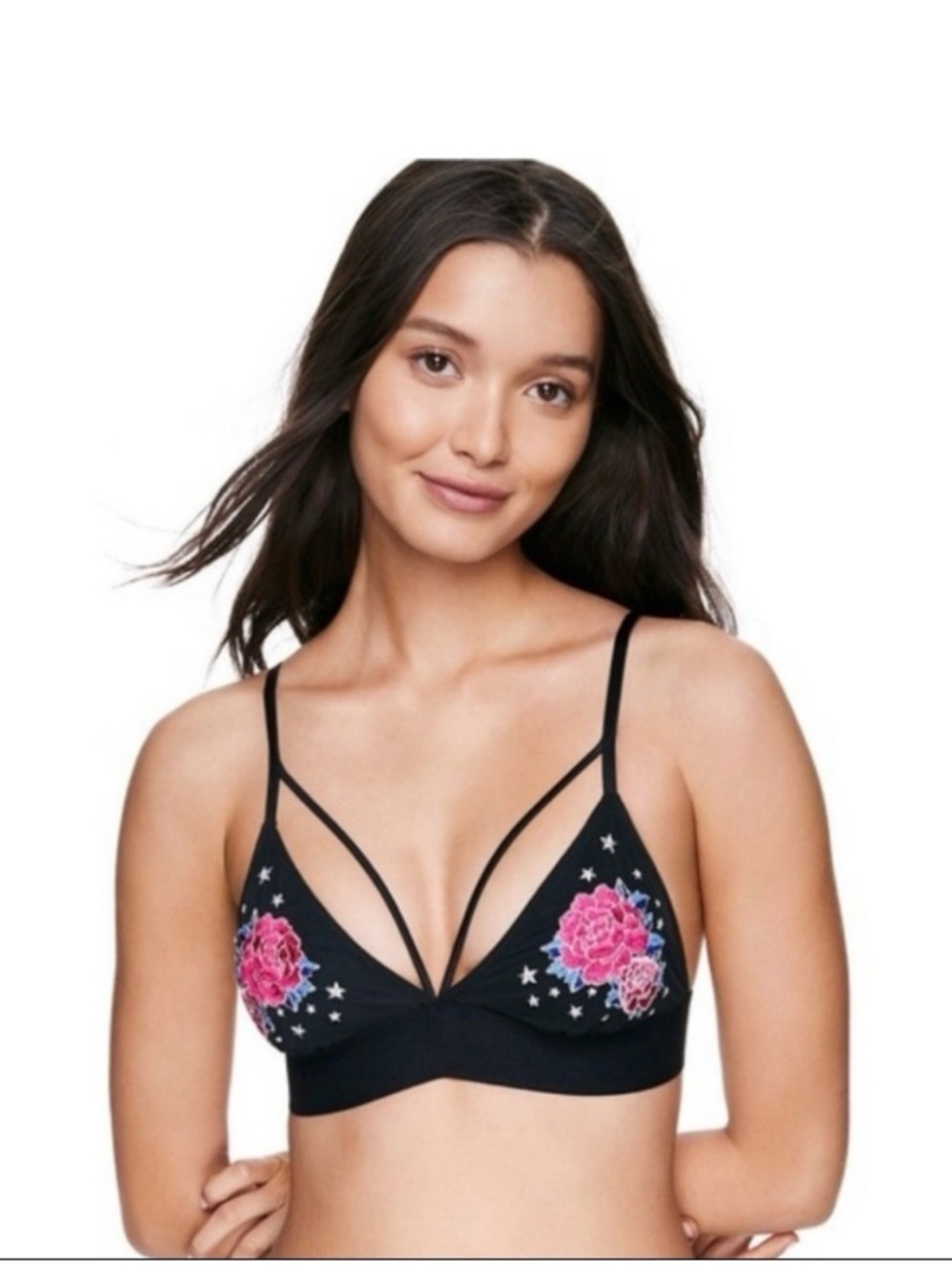 PINK Victoria's Secret Black Bralette with Pink Floral Embroidery M